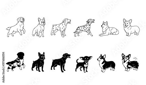 Cute dog breed silhouette and line art collection featuring various popular canine companions in black and white vector illustration style