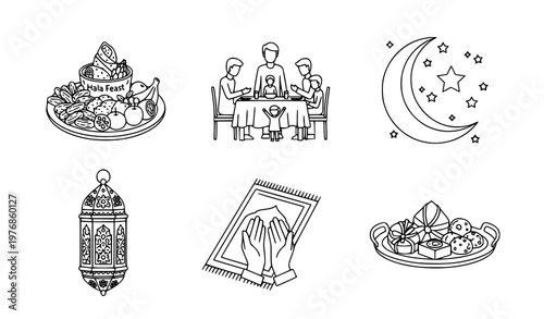 Ramadan Hala feast and family dinner icons set with crescent moon and lantern elements for islamic celebration and holiday graphic design