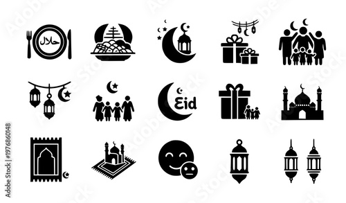 Eid al-Fitr celebration and Ramadan icons set with traditional food and festive elements in solid black vector style for holiday graphic design