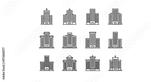 Essential vector graphic set featuring nine diverse building icons with editable strokes for modern design projects.