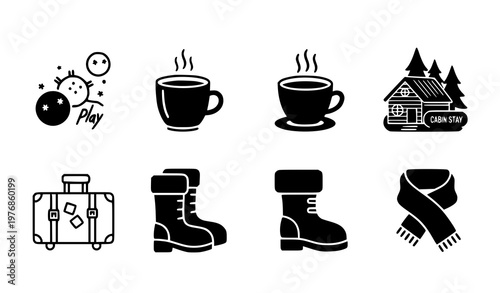Winter travel and cozy cabin stay icons featuring black silhouette vector graphics for vacation planning and cold weather holiday activities