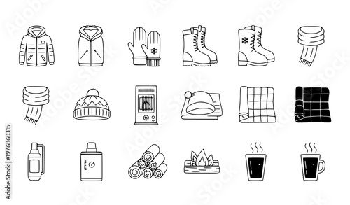 Winter clothing and outdoor survival gear icons featuring black silhouette vector graphics for cold weather exploration and snowy adventure