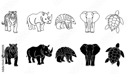 Wild animal and rare species icons featuring black silhouette vector graphics for wildlife conservation and nature education design projects