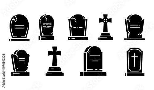 Tombstone icon set black vector graveyard headstone silhouette isolated on white