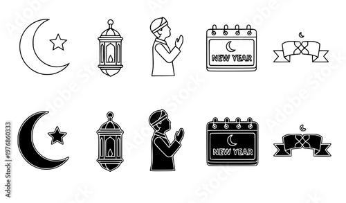 Islamic new year celebration icons featuring crescent moon lantern praying man calendar and ribbon banner in line and solid style