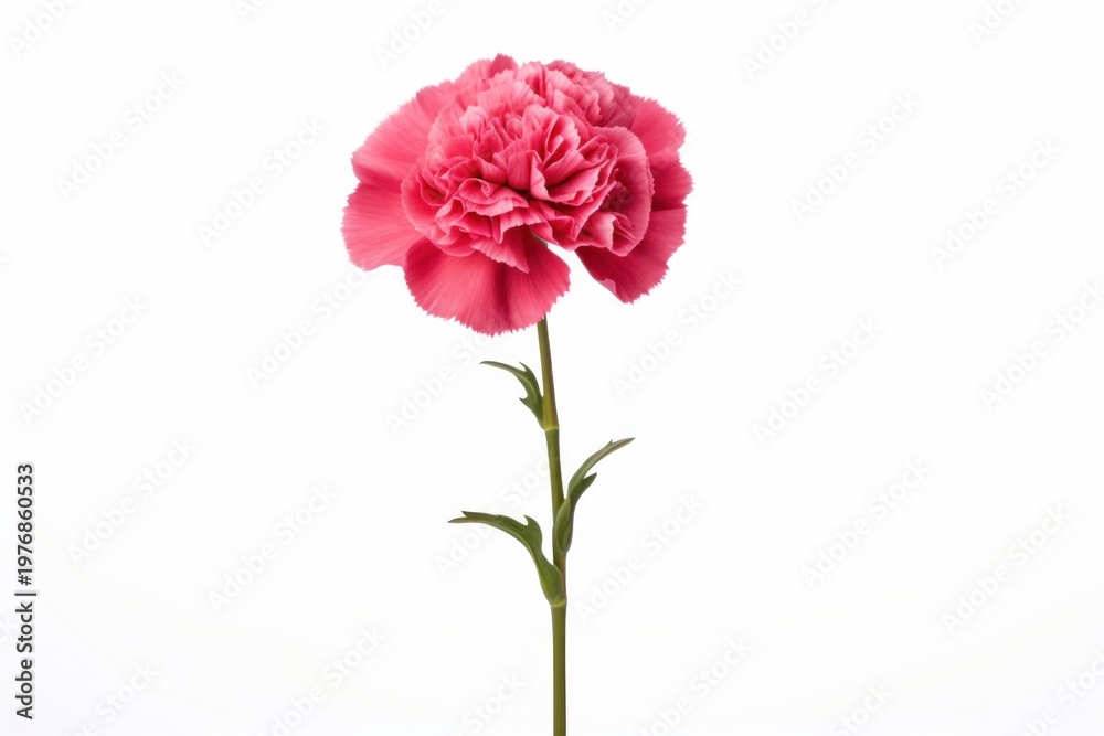 Obraz premium Pink carnation flower with green stem and leaves isolated on white background