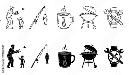 Hobbies and daily activity icons featuring father and son fishing coffee with tie barbecue grill and watch with tools in vector style