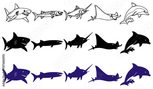 Marine life and underwater creature icon set featuring shark barracuda swordfish stingray and dolphin in black and blue vector style