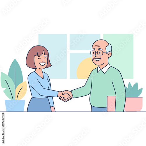 A woman and an elderly man shake hands in a room with plants.
