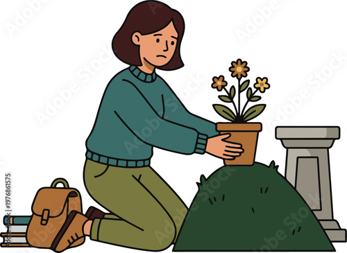 Vector EPS illustration of a grieving person placing flowers on a grave, symbolizing loss, remembrance, mourning, and respect.