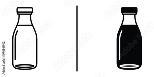 Glass milk bottle icon set for dairy farm produce and healthy beverage concept.