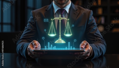 A professional businessman holding a tablet above a sleek black table