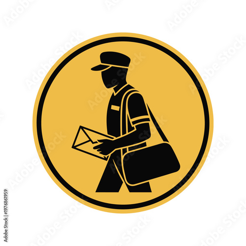 A black silhouette of a mailman in a yellow circle