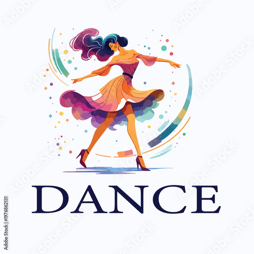 Graceful dancer in flowing colorful dress with abstract brush strokes and bold typography vector illustration design