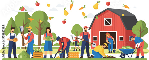 Farm Agriculture Illustration with Farmers Harvesting Vegetables Working Together Near Barn and Organic Farming Rural Lifestyle Scene Collection
