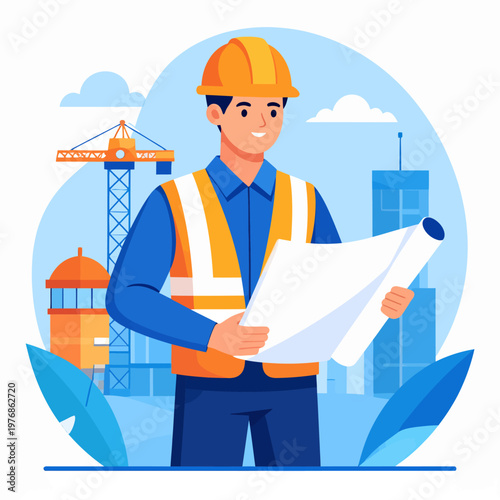 Construction worker in hard hat and safety vest holding blueprints in front of a city skyline with cranes and buildings