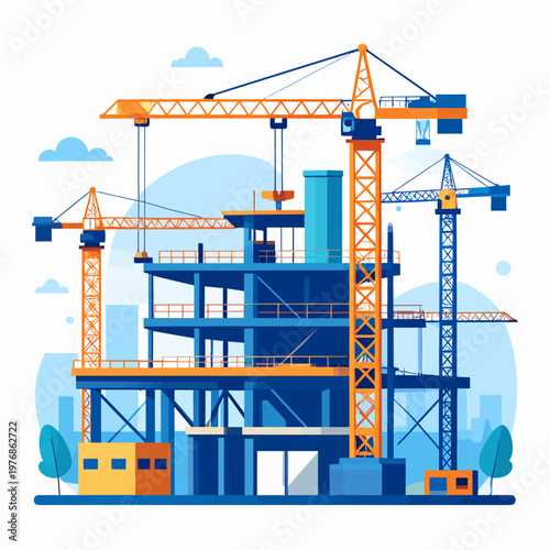 Building Construction Site with Cranes and Scaffolding, Urban Development Project