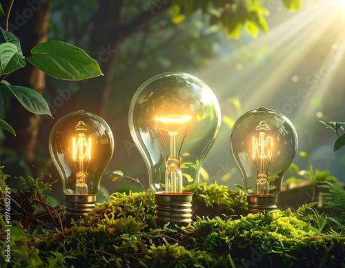 Three glowing lightbulbs on mossy ground in forest