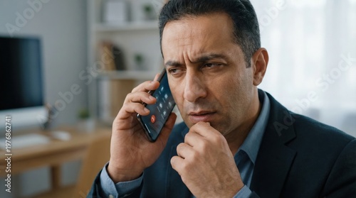 Middle Eastern middle aged man reacting to suspicious vishing call