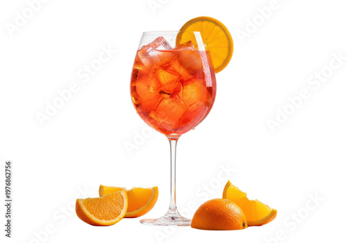 Vibrant aperol spritz cocktail with ice and an orange garnish in a glass isolated on a white background. Concept for luxury beverage advertising