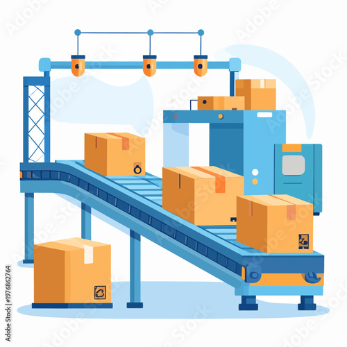 Automated conveyor belt system transporting cardboard boxes in a modern factory setting