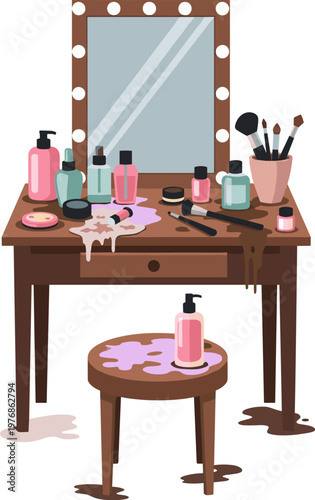 A cluttered vanity table with spilled makeup remover, scattered brushes, and stained surfaces, illustrating a messy yet realistic beauty routine