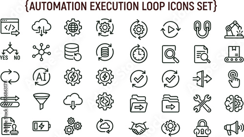 Automation execution loop outline vector icon set for workflow integration analytics dashboards scripting systems interfaces and digital technology applications