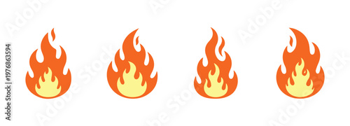 Assortment of fiery flame icons in both cartoon and flat styles. Distinct objects in various forms. Vector illustration.
