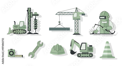 Construction site equipment and worker tools set for building industry.