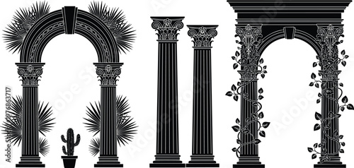 Vector Silhouette Collection of Ancient Greek Arches and Corinthian Columns with Tropical Plants and Vines for Architectural Design, Classical History Illustration, Antique Greek Ruins