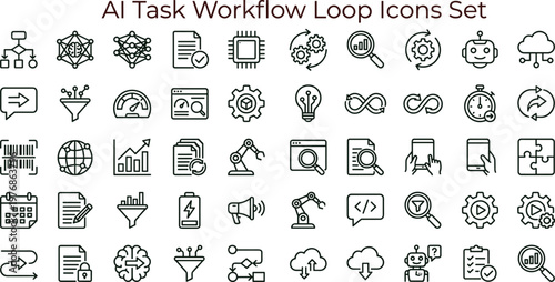 AI task workflow loop outline vector icon set for automation analytics dashboards interfaces productivity tools and digital technology systems