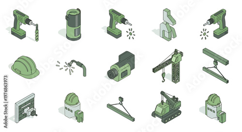 Isometric Construction Tools and Equipment Set for Building and Renovation Projects.