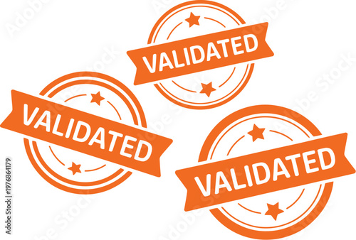 Three orange validated stamps on a white background