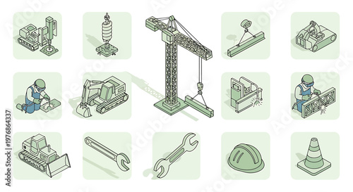 Construction site equipment and worker tools set for building industry.