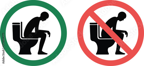 A graphic illustration of proper and improper toilet posture signs