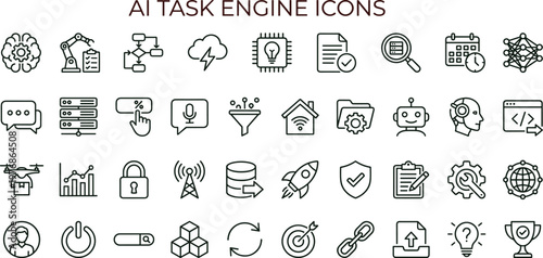 AI task engine outline vector icon set for automation workflow dashboards analytics interfaces productivity tools and digital technology applications
