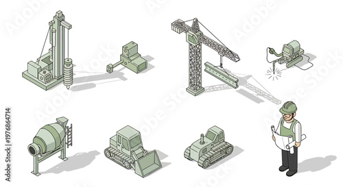 Isometric Construction Site with Various Heavy Machinery and Worker.