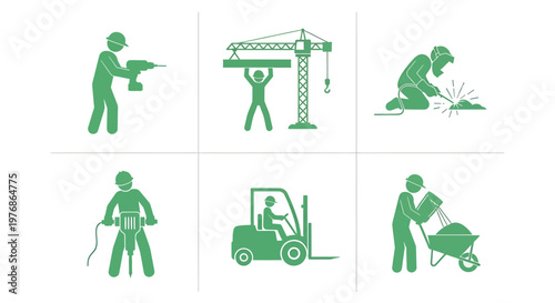 Construction workers performing various tasks with heavy machinery and tools.