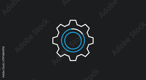 Detailed Gear Icon with Blue and White Outlines on Black Background.