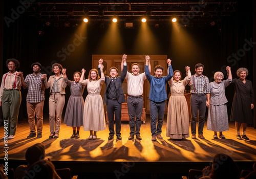 Diverse community theater group celebrating on stage under warm spotlight