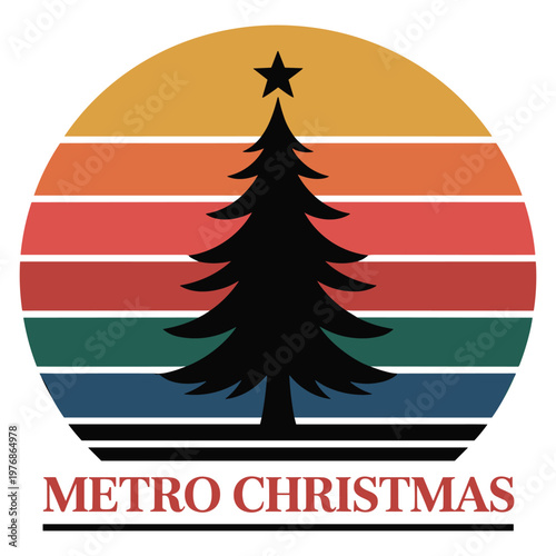 Retro sunset circle with black christmas tree silhouette and text