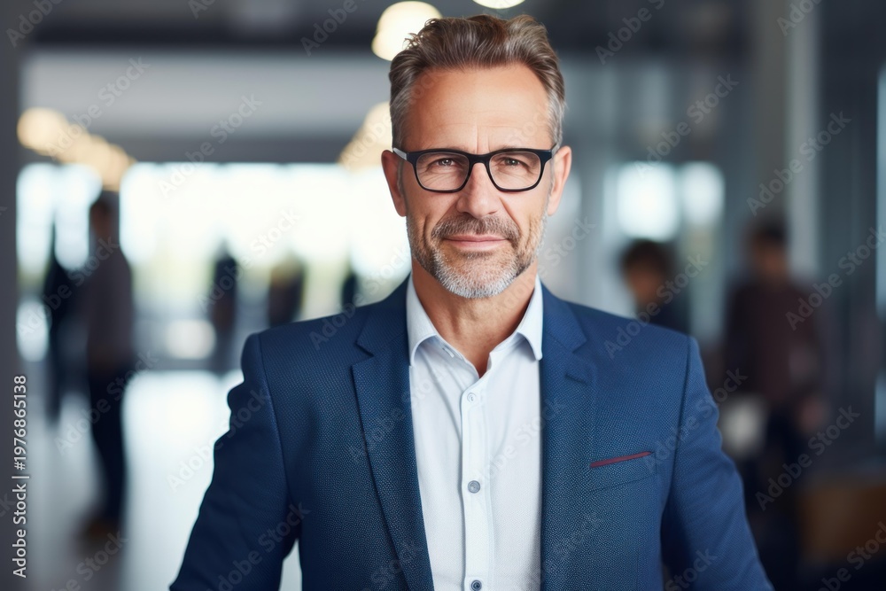 Fototapeta premium Confident mature businessman leader wearing glasses and suit, standing in modern office environment