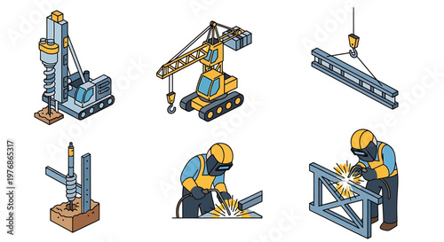 Construction and Welding Equipment with Workers Isometric Set.