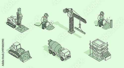 Isometric Construction Site Elements and Workers Engaged in Building Activities.