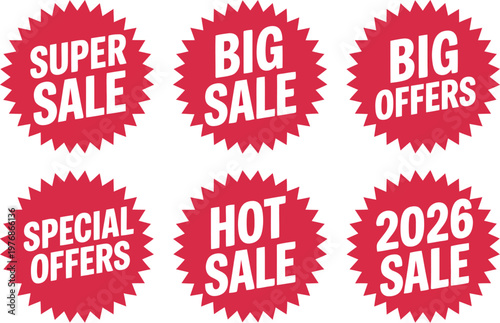 A collection of red sale stickers on a white background