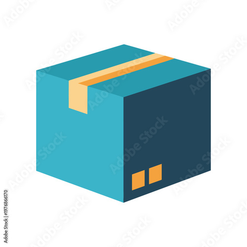 Blue isometric delivery box with yellow tape and labels for corporate logistics branding and modern ecommerce shipping solutions featuring high quality digital graphic design for website layout.