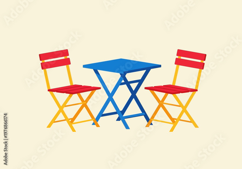Vibrant Minimalist Vector Illustration of a Blue Folding Table and Two Red Chairs Bistro Set for Outdoor Dining