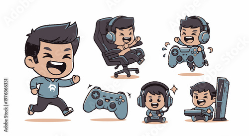 Joyful Gamer Characters in Various Poses with Gaming Accessories.
