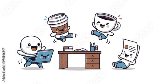 Joyful Office Supplies and Coffee Celebrating Success Together.