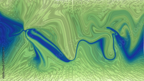 Abstract fluid dynamics pattern with swirling green blue turbulence, artistic flow visualization vector illustration design